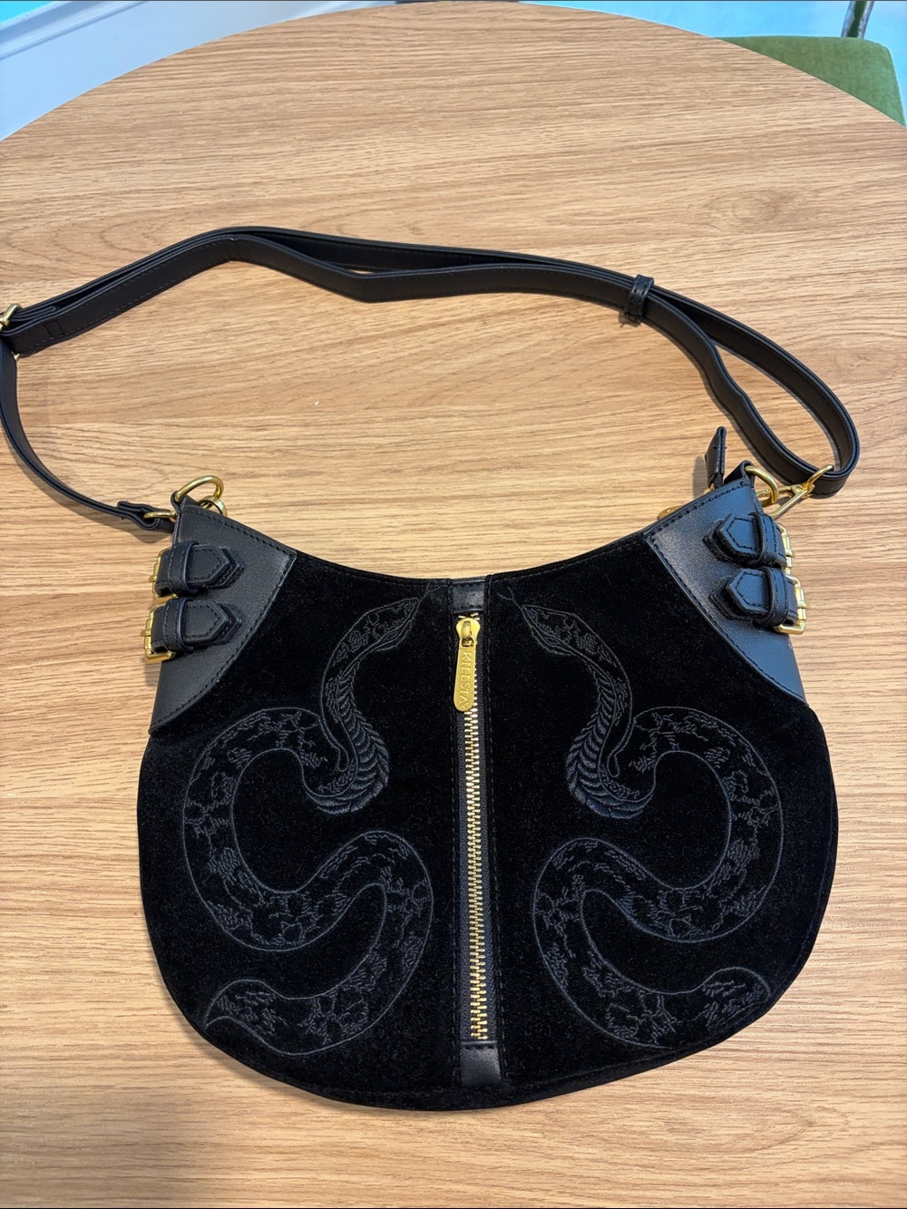 Killstar Black Suede Shoulder Bag with Snake Motif and Gold Hardware